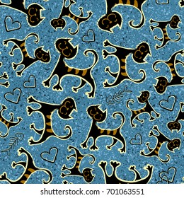 vector seamless pattern. cute cblack cats on blue background. for wallpaper, textiles. Ethnic style image.