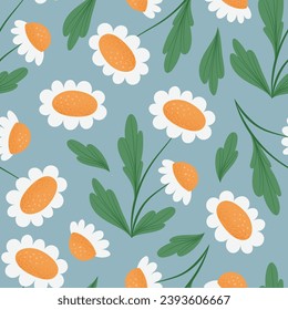 Vector seamless pattern with cute chamomile flowers, hand drawn floral background