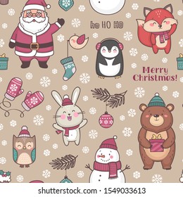 Vector seamless pattern with cute characters for Christmas and New Year celebration, colorful festive background