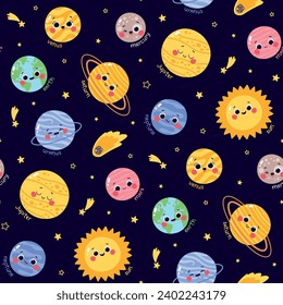 Vector seamless pattern with cute characters planets of the solar system on a dark blue background