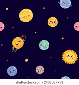 Vector seamless pattern with cute characters planets of the solar system on a dark blue background
