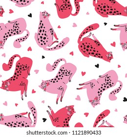 Vector seamless pattern with cute cheetahs with pink hearts. Tropical animals. Fashionable fabric design for kids clothing.
