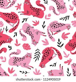 Vector seamless pattern with cute cheetahs with pink leaves. Tropical animals. Fashionable fabric design for kids clothing.