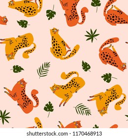 Vector seamless pattern with cute cheetahs with pink leaves. Tropical animals. Fashionable fabric design for kids clothing.
