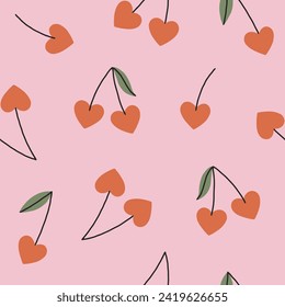 Patrón vectorial sin fisuras con corazones adorables de cerezo. Un entorno romántico y encantador para San Valentín, diseño de vacaciones, vivero, tela. Patrón de bebé dibujado a mano con bayas rojas. Ilustración plana