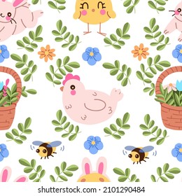 Vector seamless pattern with cute chickens, hen, bunny, bee and plants for Easter. Background for printing on fabric, wallpaper, wrapping paper, scrapbooking, tablecloths, notebooks, bed linen