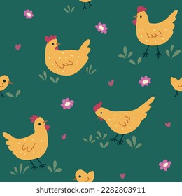 Vector seamless pattern with cute chickens and botanical elements. Hand drawn illustration with cartoon style for print, fabric, textile.