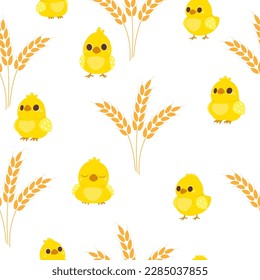 Vector seamless pattern cute chickens with wheat ear on white background. Illustration for children used for magazine, book, poster, card, web pages.
