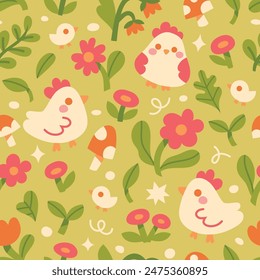 Vector seamless pattern with cute chickens and botanical elements. Hand drawn illustration with cartoon style for print, fabric, textile.