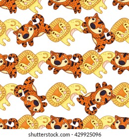 vector seamless pattern cute childish tiger and lion/ orange and yellow colors
