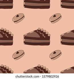 Vector seamless pattern with cute chocolate cake and macaroons. Colorful image on pink background. Design for Greeting cards, Scrapbooking, wallpaper, Textile, Wrapping paper, Invitations.
