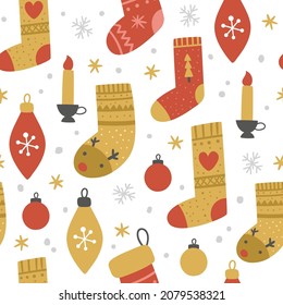 vector seamless pattern with cute Christmas socks, funny tile for textile for Christmas holidays