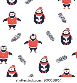 Vector seamless pattern with cute Christmas penguins in Santa hats, coats and twigs