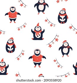 Vector seamless pattern with cute Christmas penguins in Santa hats, scarfs and holiday lights