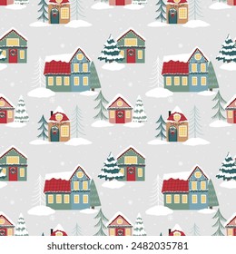 Vector seamless pattern with cute Christmas houses, perfect for holiday textiles, wrapping paper, greeting cards, and home decor. Ideal for adding a festive and cozy touch to seasonal projects 