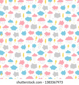 Vector Seamless Pattern with Cute Clouds with Rain Drops, Thunder and Lightning Icons. Sky Background for Kids Fashion, Nursery, Baby Shower Scandinavian Design. 