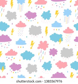 Vector Seamless Pattern with Cute Clouds with Rain Drops, Thunder and Lightning Icons. Sky Background for Kids Fashion, Nursery, Baby Shower Scandinavian Design. 