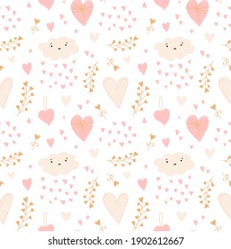 Vector Seamless pattern with cute Clouds and pink hearts, beige branches. Baby background. Perfect for  Valentine Day cards, invitation, flyers, poster.