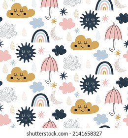 Vector seamless pattern with cute clouds, suns, umbrellas, clouds on a white background. Children's cute illustration. Ideal for clothing design, wrapping paper, wallpaper.