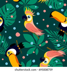 Vector seamless pattern with cute cockatoo, toucan and exotic tropical leaves. Pattern for fabric, baby clothes, background, textile, wrapping paper and other decoration. Vector illustration.