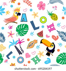 Vector seamless pattern with cute cockatoo, toucan, tropical leaves and ornamental phrase - ALOHA - on the white background. Pattern for fabric, textile, wrapping paper decoration.Vector illustration.