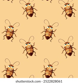 Vector seamless pattern with cute cockroaches. Cute cockroach insect isolated on blue background. Happy cockroach pattern, insect print perfect for kids textile.