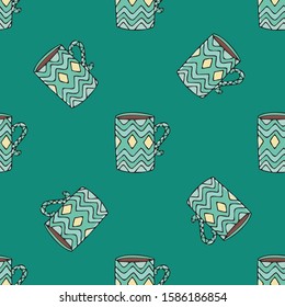 Vector seamless pattern with cute coffee mug. Colorful image on green background. Design for Greeting cards, Scrapbooking, wallpaper, Textile, Wrapping paper, Invitations.