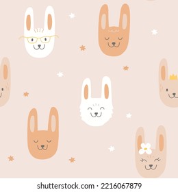 Vector seamless pattern with cute color rabbits in glasses, with flower. Vector bunny as symbol of chinese new year. Collection of rabbit icons for children textile print