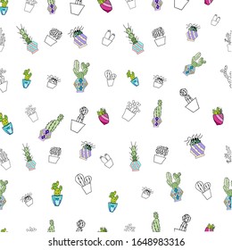 Vector seamless pattern of cute colored cacti. Fun houseplant . Cozy home decoration.  Hand-drawn. Home decor. Doodle style. Hipster style. Holiday packaging.