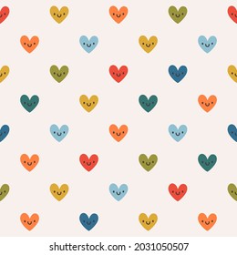 Vector seamless pattern with cute colored hearts. Romantic repeated texture with simple heart shaped faces. Bright print with smiling cartoon characters for fabric and wrapping paper. 