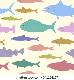 Vector seamless pattern with cute colored fishes. Cool elements for marine design.