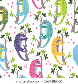 Vector seamless pattern with a cute colorful geckos hanging on the branches. They are smiling. Great for fabrics, baby clothes, wrapping papers.