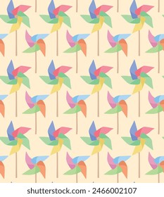 Vector seamless pattern with cute colorful pinwheels. Background with paper windmill in flat style.	