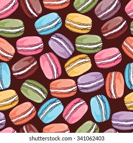 Vector seamless pattern with cute colorful macaroons cookies.Hand drawn macaroon design Perfect for  bakery shop advertising, invitation, valentine card. 