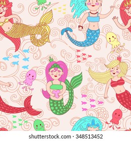 vector seamless pattern with cute colorful mermaids princesses in cartoon style. fun jellyfish and floral background.