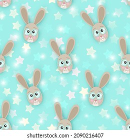 Vector Seamless Pattern. Cute Confused Rabbit Face. Pastel Shy Bunny. Mint Background with Shiny Stars. Cartoon Character. Dream Baby Wallpaper.