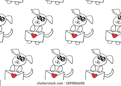 Vector Seamless pattern. Cute contour little dog with love letter and hearts. Hand drawn doodle. Background and texture on theme of Valentine's Day, sending and receiving post, confessions of feelings
