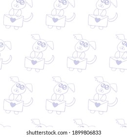 Vector Seamless pattern. Cute contour little dog with love letter and hearts. Hand drawn doodle. Background and texture on theme of Valentine's Day, sending and receiving post, confessions of feelings