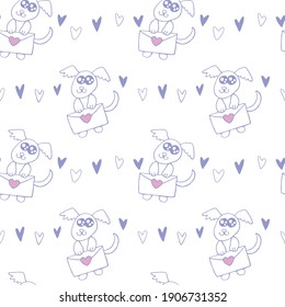 Vector Seamless pattern. Cute contour little dog with love letter and hearts. Hand drawn doodle. Background and texture on theme of Valentine's Day, sending and receiving post, confessions of feelings