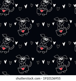 Vector Seamless pattern. Cute contour little dog with love letter and hearts. Hand drawn doodle. Background and texture on theme of Valentine's Day, sending and receiving post, confessions of feelings