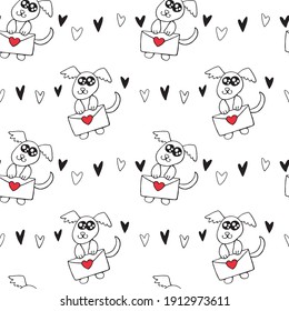 Vector Seamless pattern. Cute contour little dog with love letter and hearts. Hand drawn doodle. Background and texture on theme of Valentine's Day, sending and receiving post, confessions of feelings