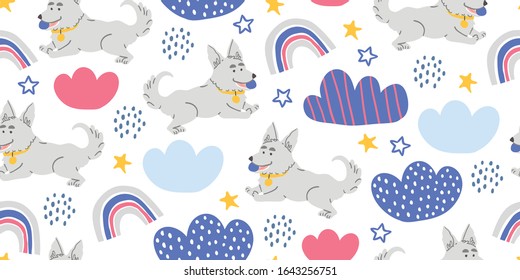Vector seamless pattern with cute corgi dogs with ball, clouds, stars, rainbows on white. Nursery, textile, fabric design for kids, boys, girls. Scandinavian style textile. Dog, puppies illustrations.