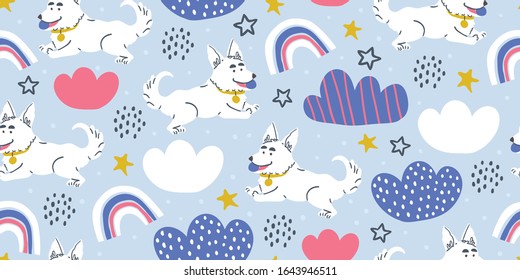 Vector seamless pattern with cute corgi dogs with ball, clouds, stars, rainbows on blue. Nursery, textile, fabric design for kids, boys, girls. Scandinavian style textile. Dog, puppies illustrations.