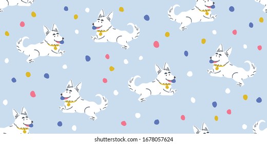 Vector seamless pattern with cute corgi dogs with ball and colorful dots on light blue. Nursery, textile, fabric design for kids, boys, girls. Scandinavian style textile. Dog, puppies illustrations.