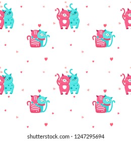 Vector seamless pattern with cute couple of cats in love. Happy romantic hugging kittens with hearts background, wallpaper, fabric, wrapping paper.