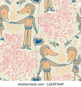 vector seamless pattern with a cute couple of loving hedgehogs