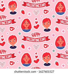 Vector seamless pattern with cute couple, heart, love. Happy Valentine's day background, wrapping paper, fabric, print. Boy and girl in love. Vector stock illustration in cartoon style.