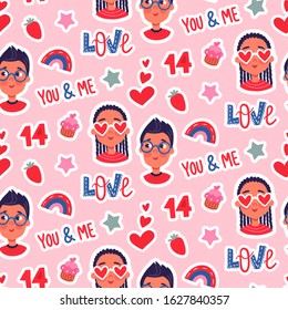 Vector seamless pattern with cute couple, heart, love inscriptions. Happy Valentine's day background, wrapping paper, fabric, print. Boy and girl in love. Vector stock illustration in cartoon style.