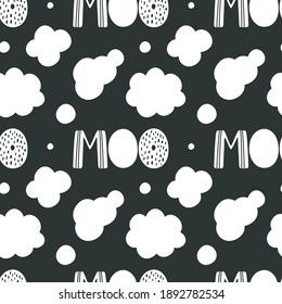 Vector seamless pattern with cute cow skin, moo, black and white