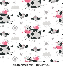 Vector seamless pattern with cute cows with angel wings, Valentine's Day, birds, sun, sky, cloud, cupid, arrow